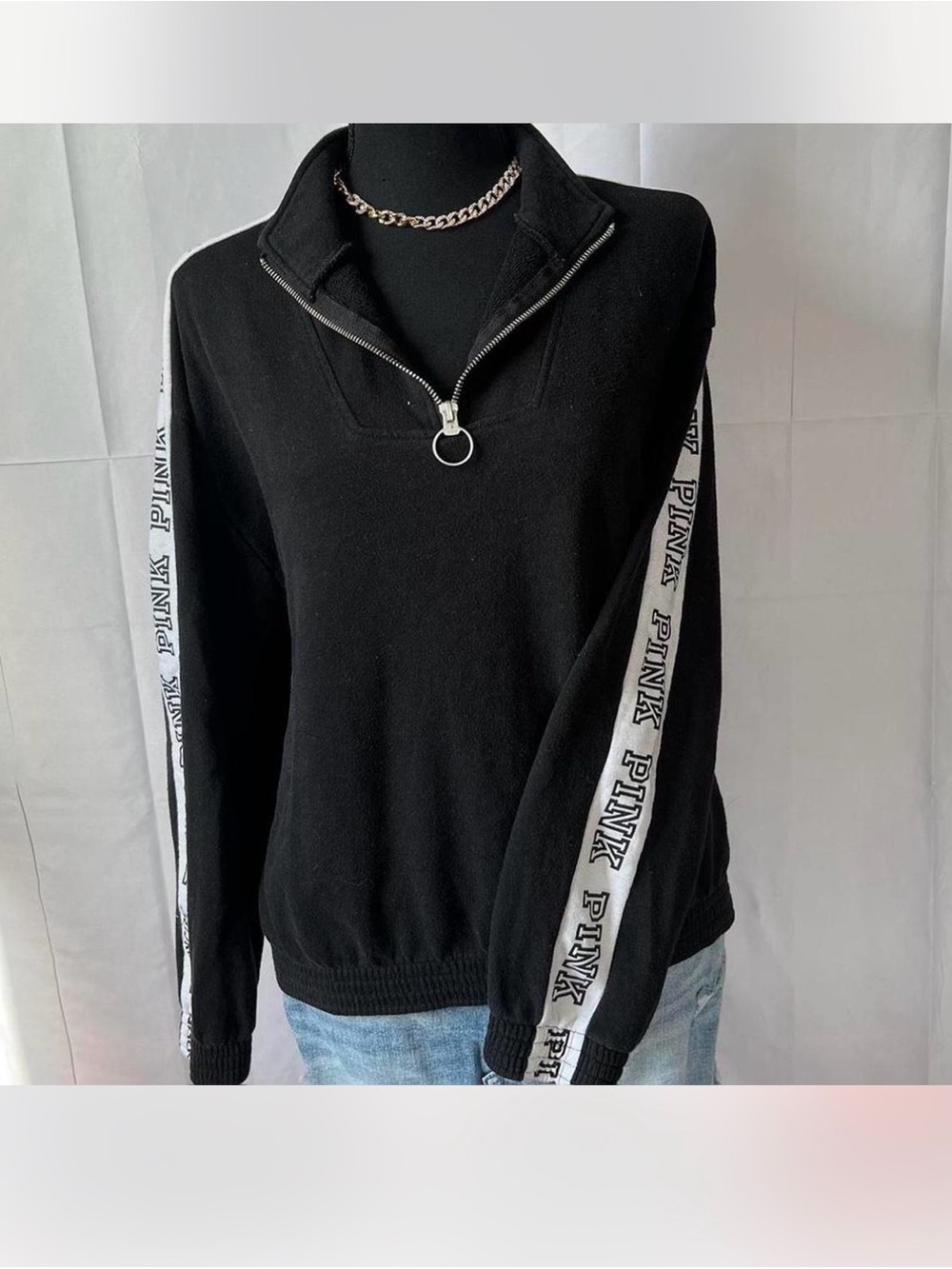 Victoria's Secret PINK Black Half-Zip Sweater with White Logo Stripes